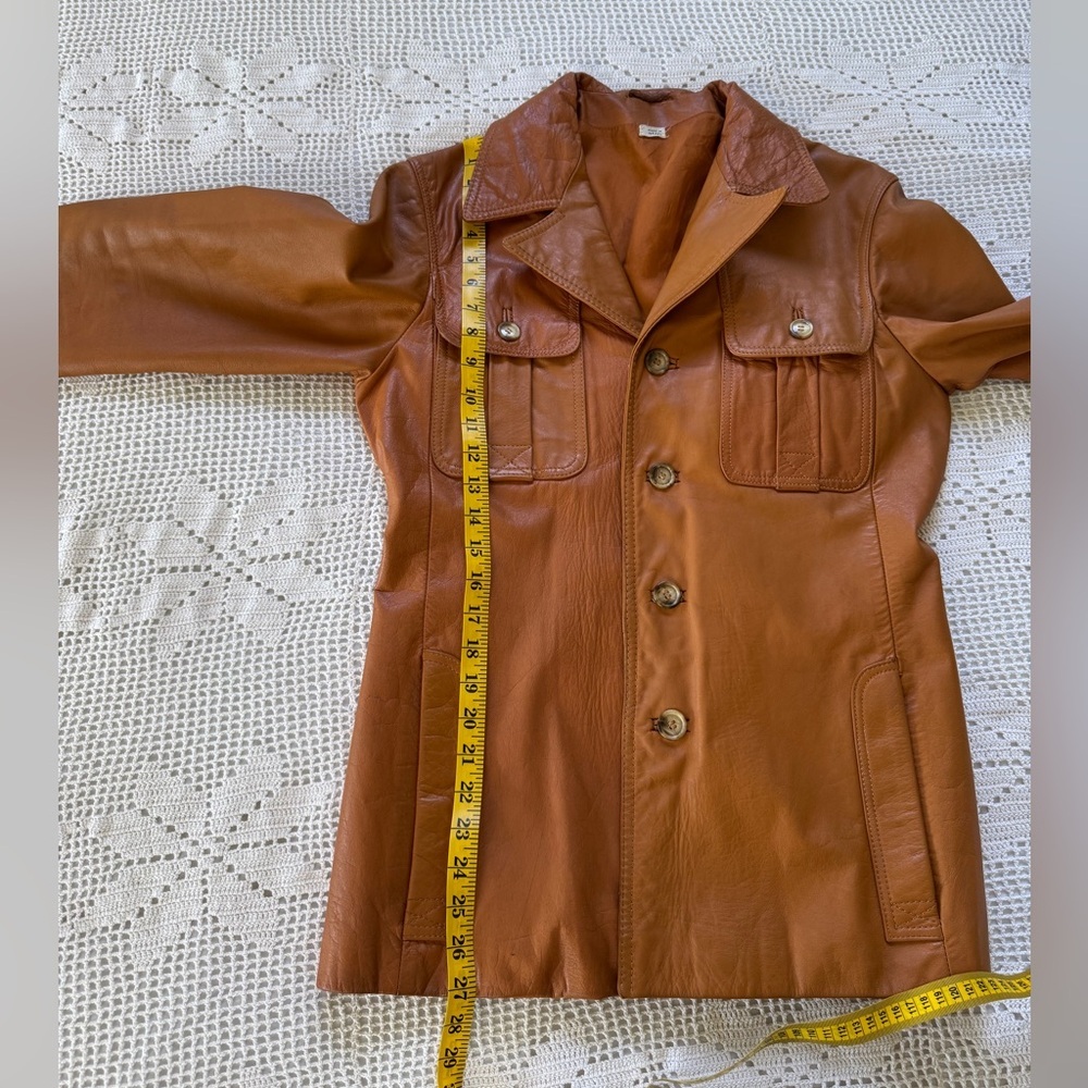 Vintage 100% leather cognac tan long line jacket small to medium euro 38 - Picture 14 of 17